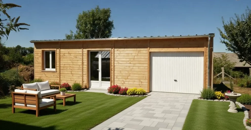 Pool house ossature bois au toit plat avec auvent intégré et bardage bois douglas - BBS