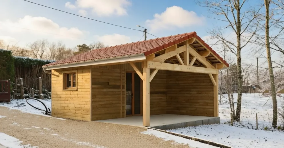 Abris toit double pente avec auvent intégré - BBS