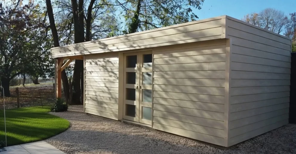Abri de jardin avec auvent, ossature bois, bardage composite ciment et toit  plat - BBS