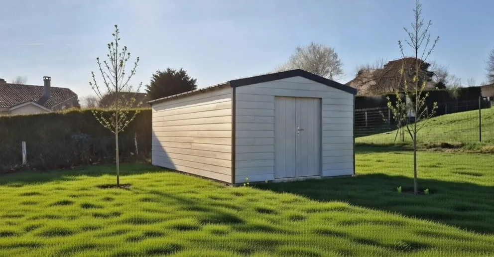 Abri de jardin, toit double pente, bardage clair, porte double - BBS