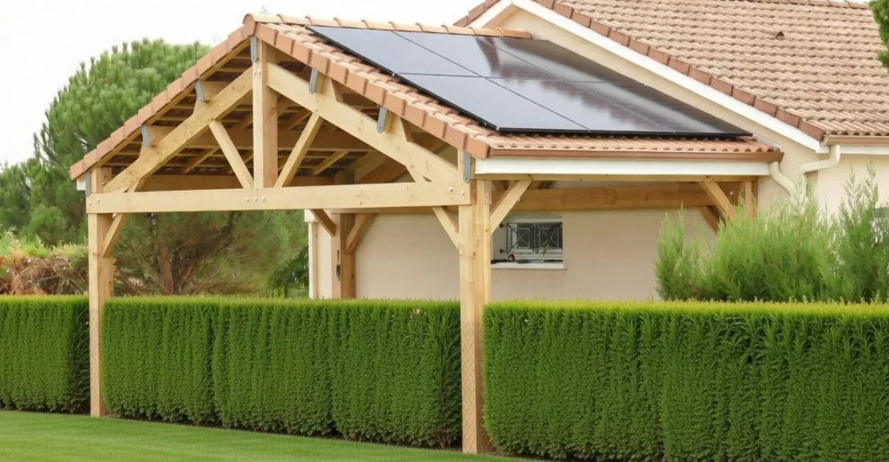 Carport bois adossé. Toiture à 2 pentes et couverture tuiles - BBS