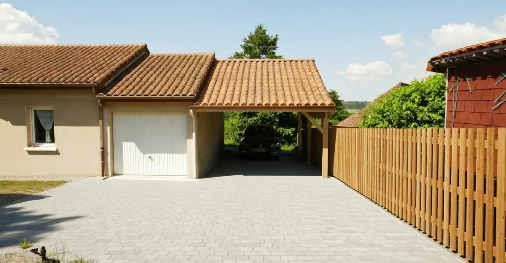 Carport ossature bois accolé, toit tuile - BBS