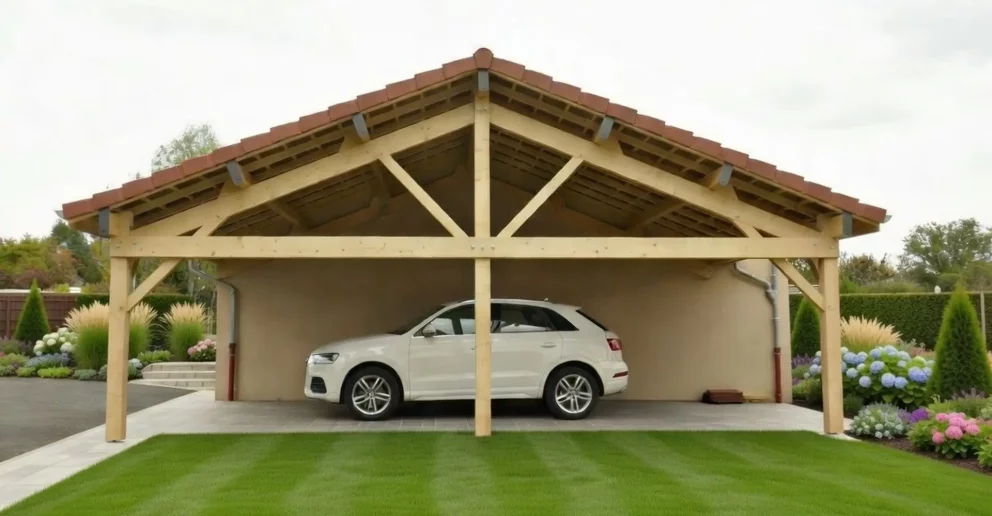 Carport bois en épicéa en appuis en pignon de maison, 2 pentes, couverture tuiles - BBS
