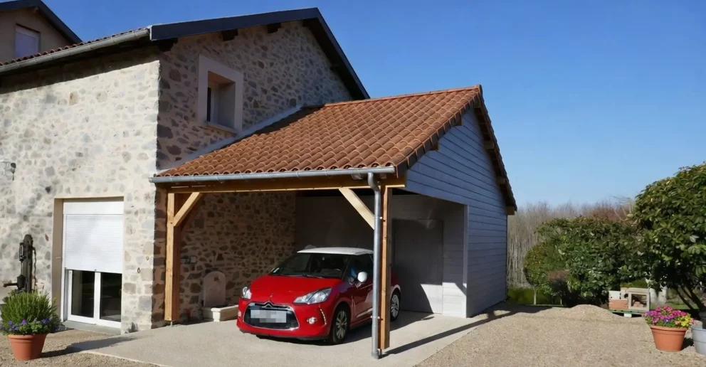 Carport bois adossé avec annexe.
Toiture à 2 pentes et couverture tuiles - BBS