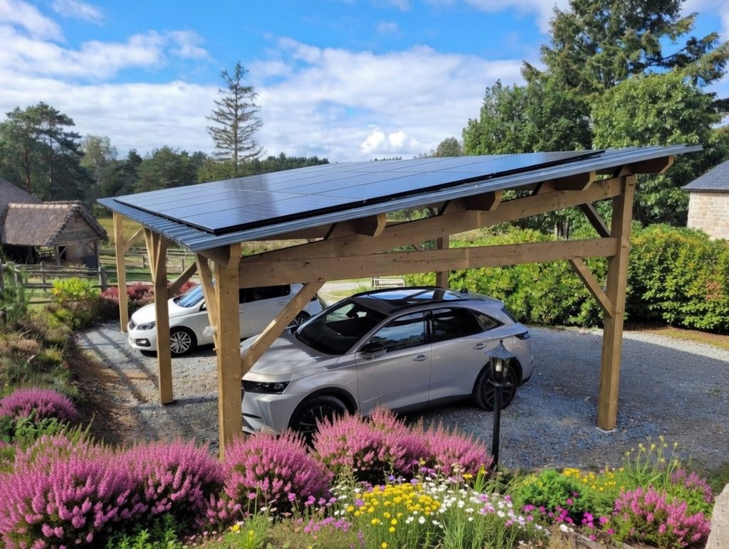 Carport solaire auto-porté pour 2 voitures, ossature bois