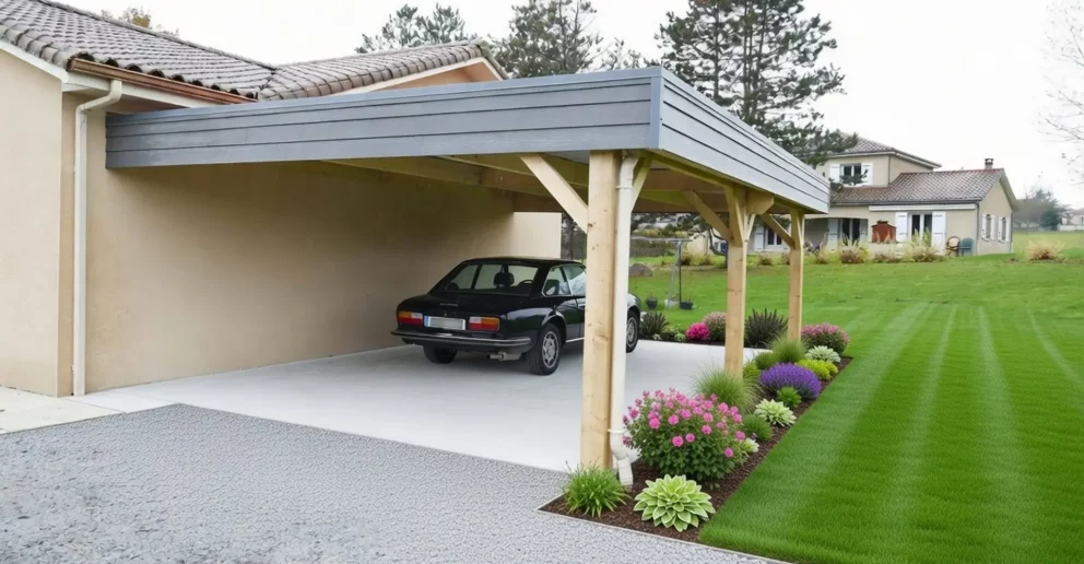 Carport bois adossé, toit plat. Bandeau en bardage composite ciment, couverture en bac acier - BBS