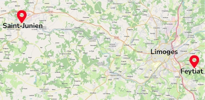 Carte indiauant les 2 sites d'exposition de BBS : Saint-Junien et Feytiat