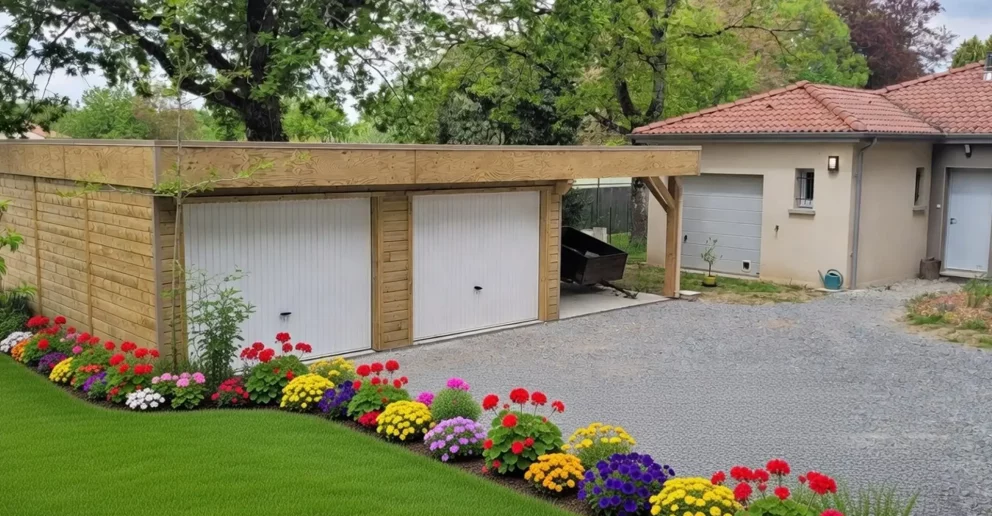 Garage double à toit plat en ossature bois. Auvent et bardage en épicéa - BBS