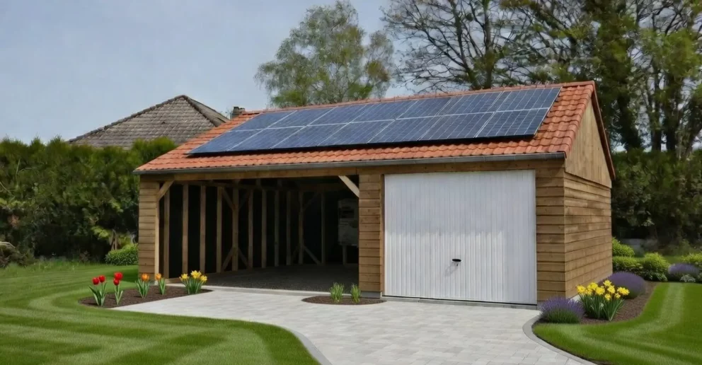 Garage simple avec auvent semi-ouvert. Ossature bois, toiture double pente - BBS