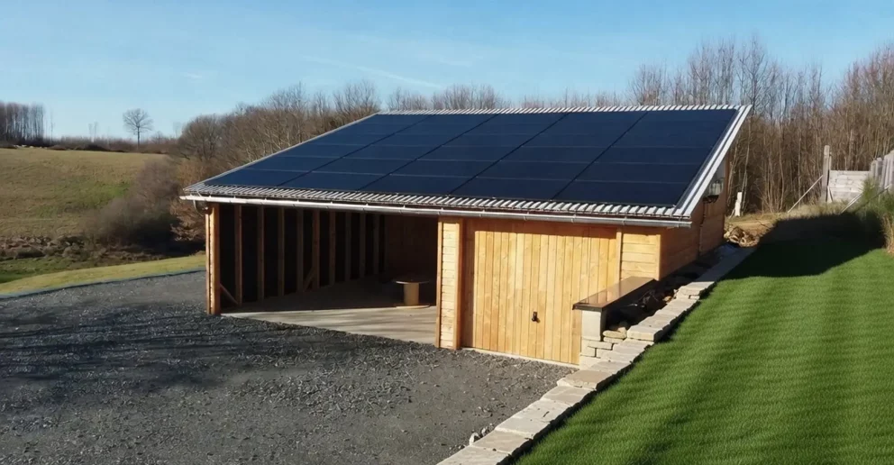 Garage ossature bois, auvent semi-ouvert. Toiture simple pente, panneaux photovoltaïques - BBS
