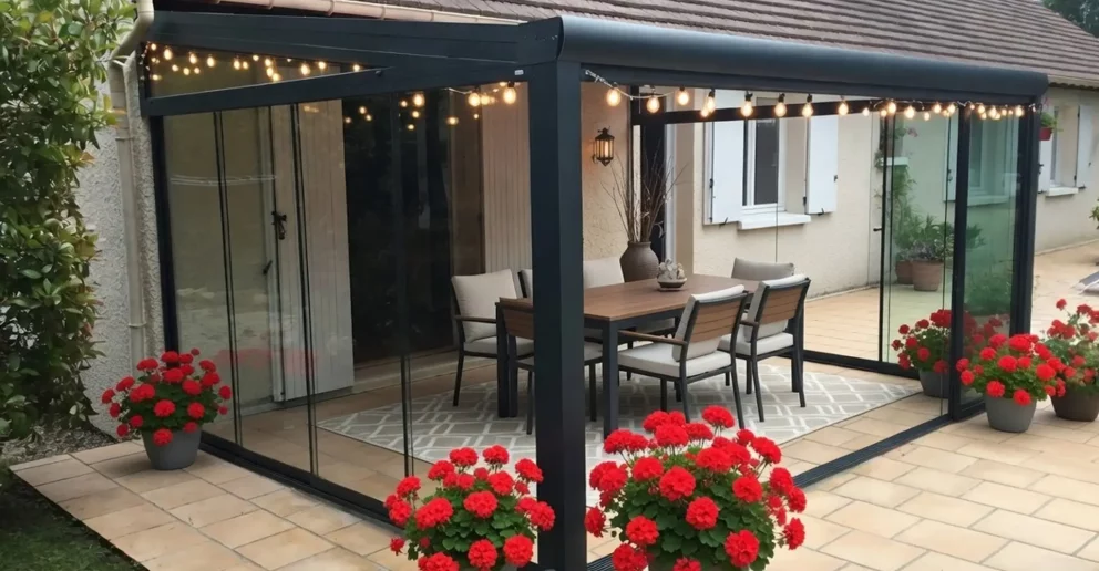 Pergola aluminium laqué avec baies vitrées coulissantes pour une utilisation en toutes saisons - BBS