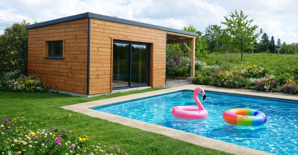 Pool house toit plat avec auvent, en ossature bois et bardage bois douglas