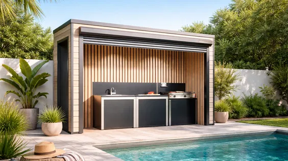 Cuisine extérieure ouverte avec toit plat et bardage PVC - BBS