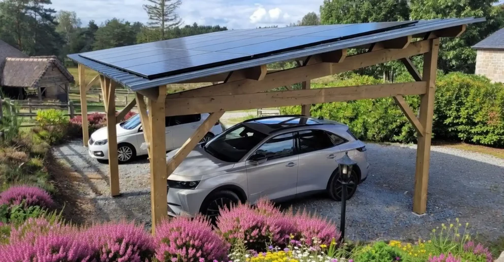 Carport solaire auto-porté pour 2 voitures, ossature bois